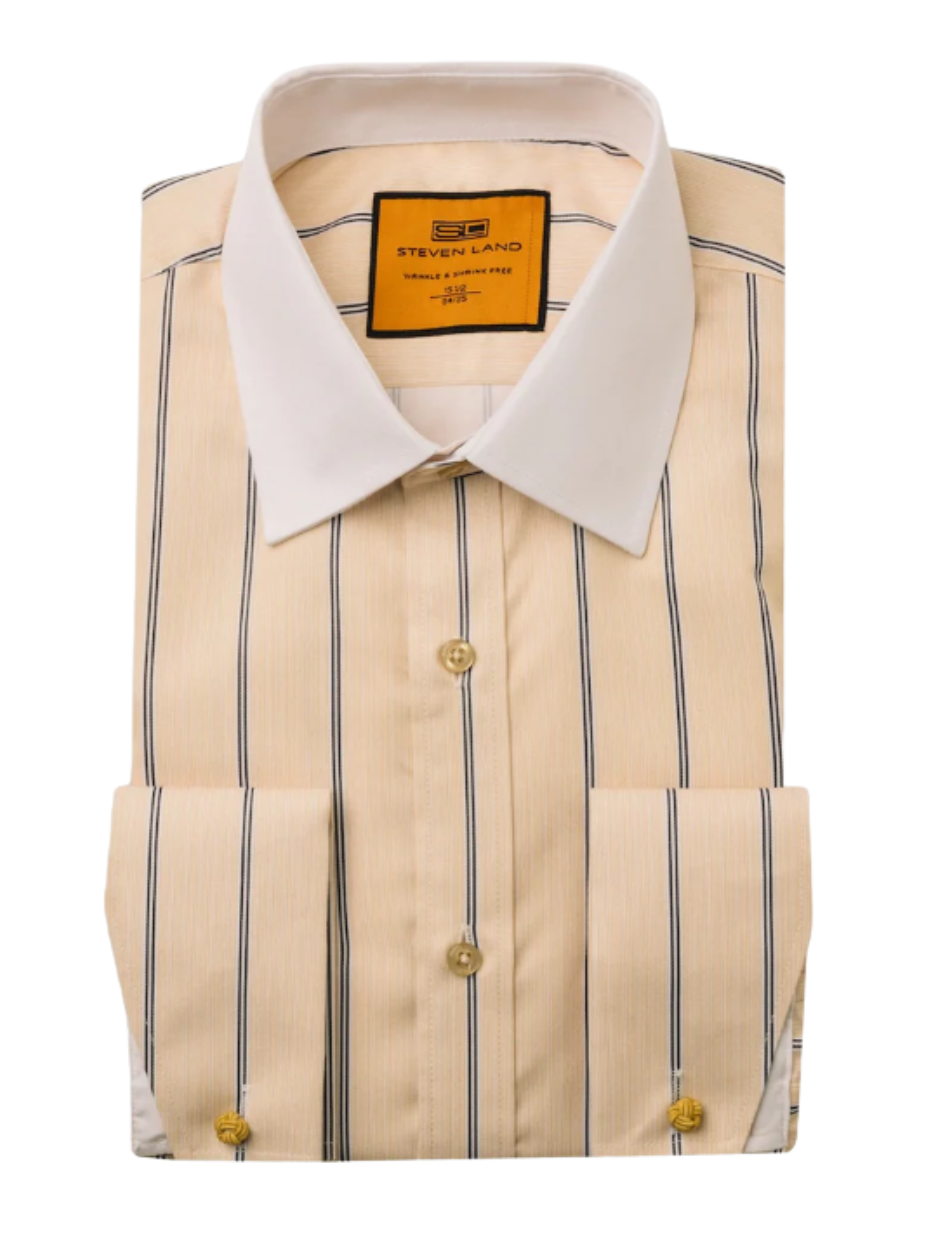 Steven Land Yellow Stripe Spread Collar French Cuff Wrinkle & Shrink Free Dress Shirt