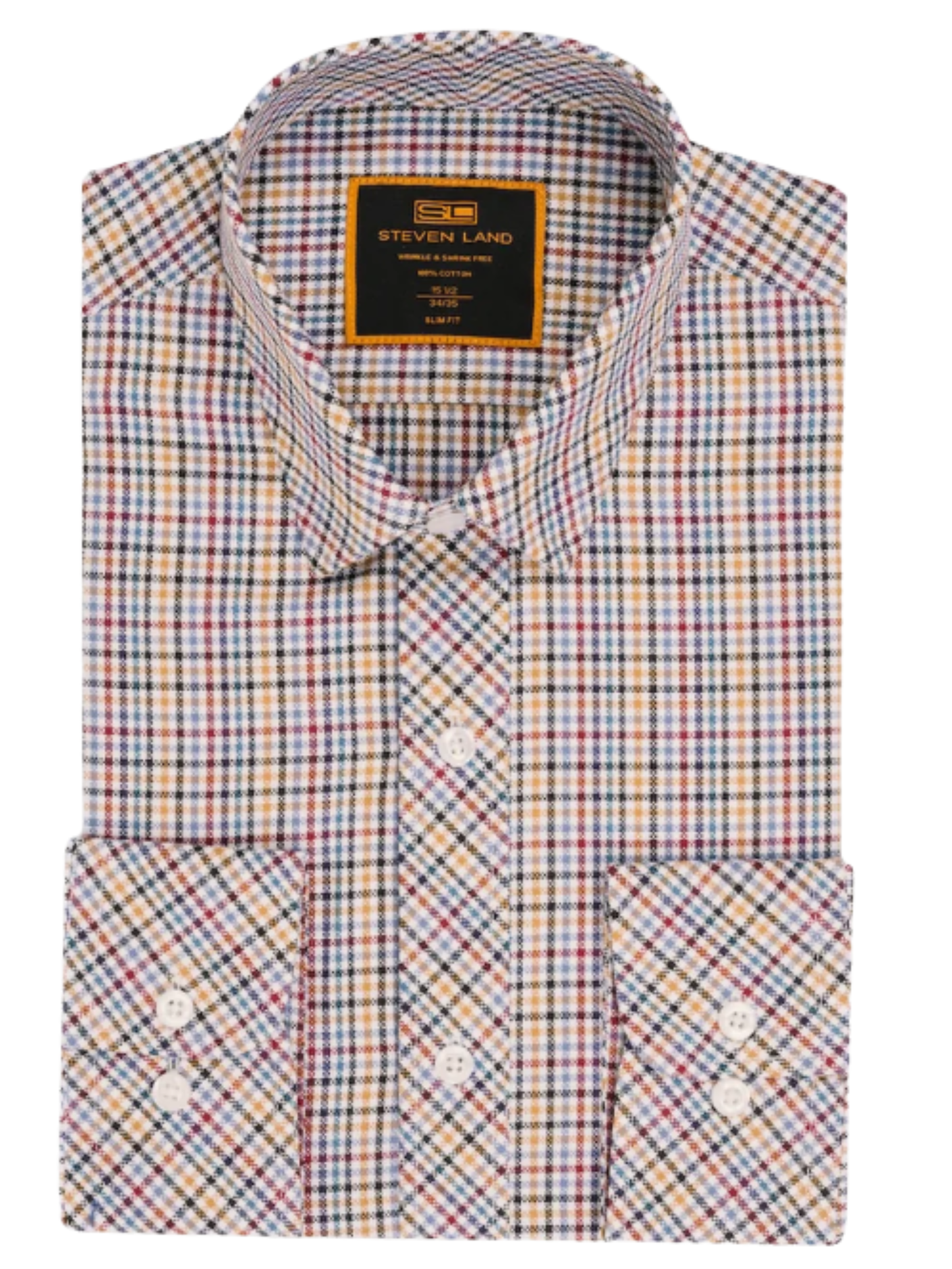 Steven Land Multicolor Plaid Spread Collar Slim Fit Wrinkle & Shrink Free Cotton Dress Shirt