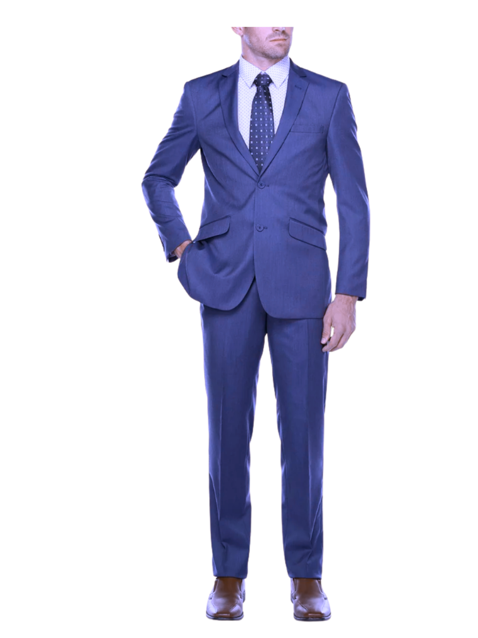 Raphael Blue Textured Slim Fit Notch Lapel Patch Pockets Two Button Stretch Travel Suit