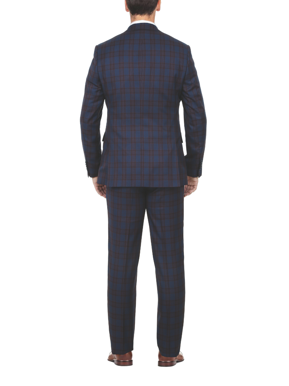 English Laundry Glen Plaid Blue & Rust Slim Fit Notch Lapel 2 Button Stretch Suit