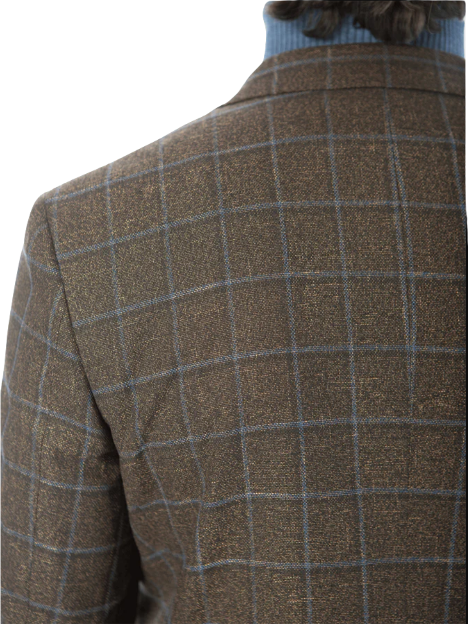 Sartoria Mazara Mens Classic Fit Brown & Blue Check Two Button Stretch Blazer Sportcoat