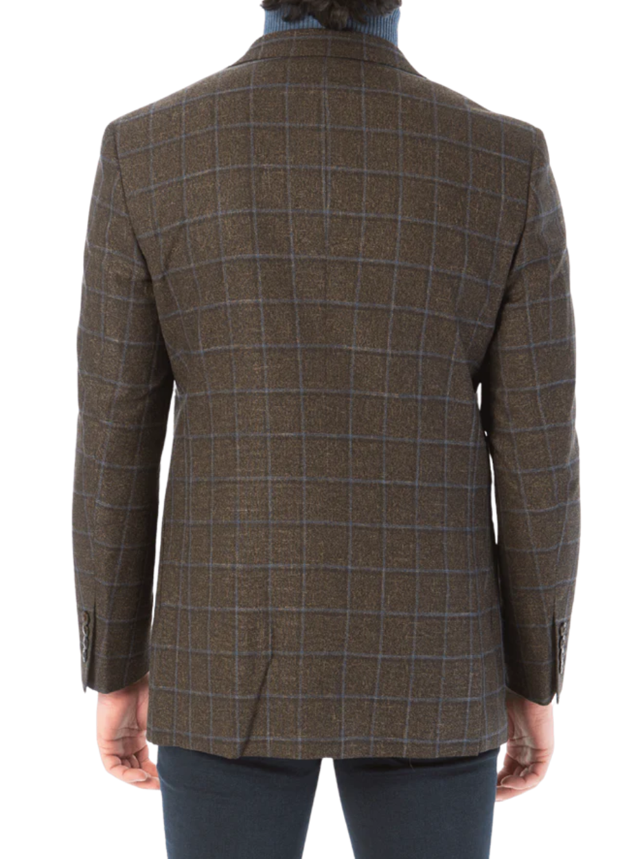 Sartoria Mazara Mens Classic Fit Brown & Blue Check Two Button Stretch Blazer Sportcoat