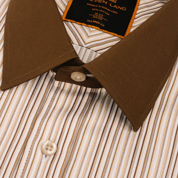 Steven Land Mens Brown Striped 100% Cotton French Cuff Spread Collar Dress Shirt