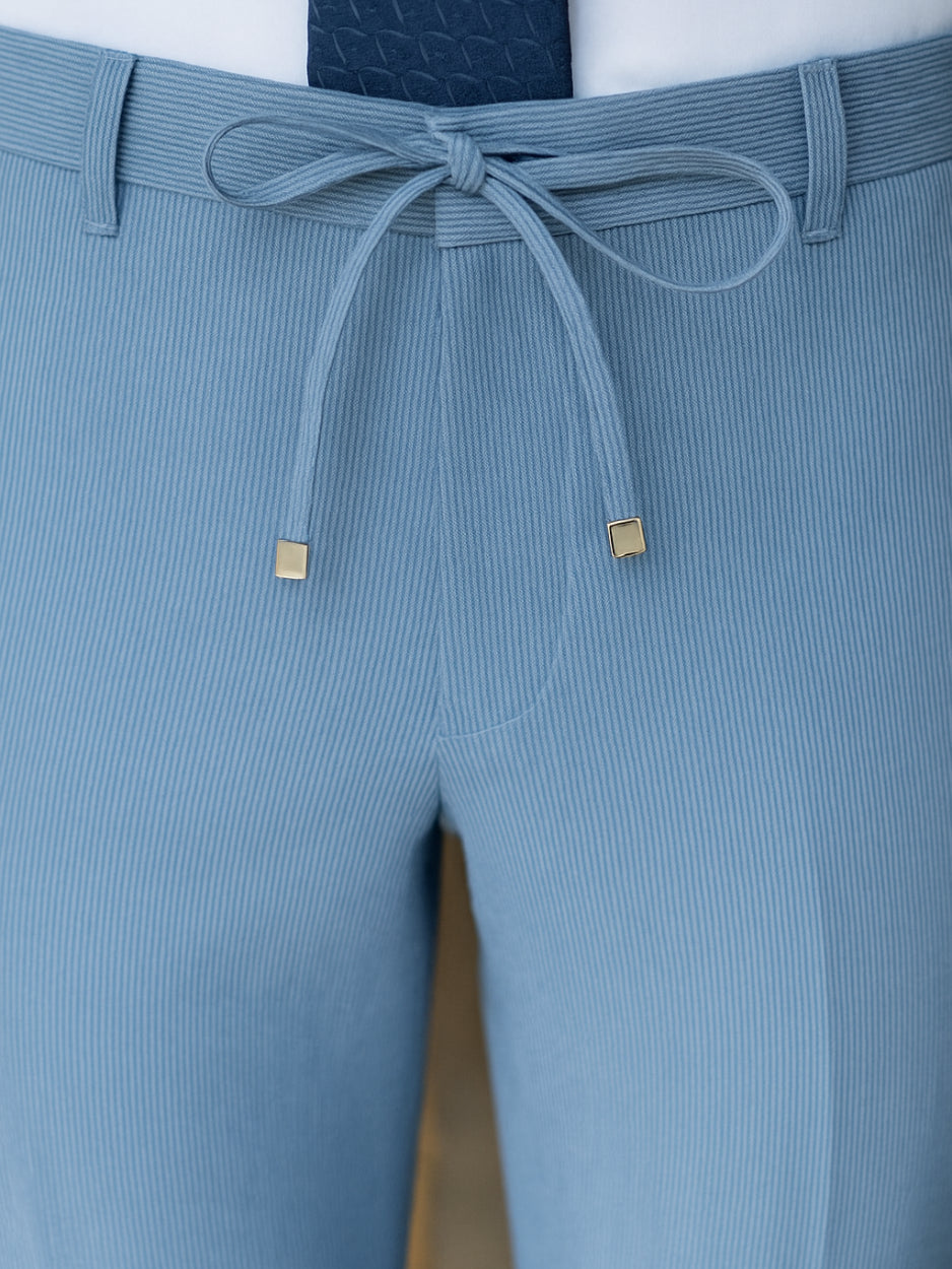 Pierre Carlos Pinstriped Light Blue Slim Fit Stretch Linen Suit with Drawstring Waist