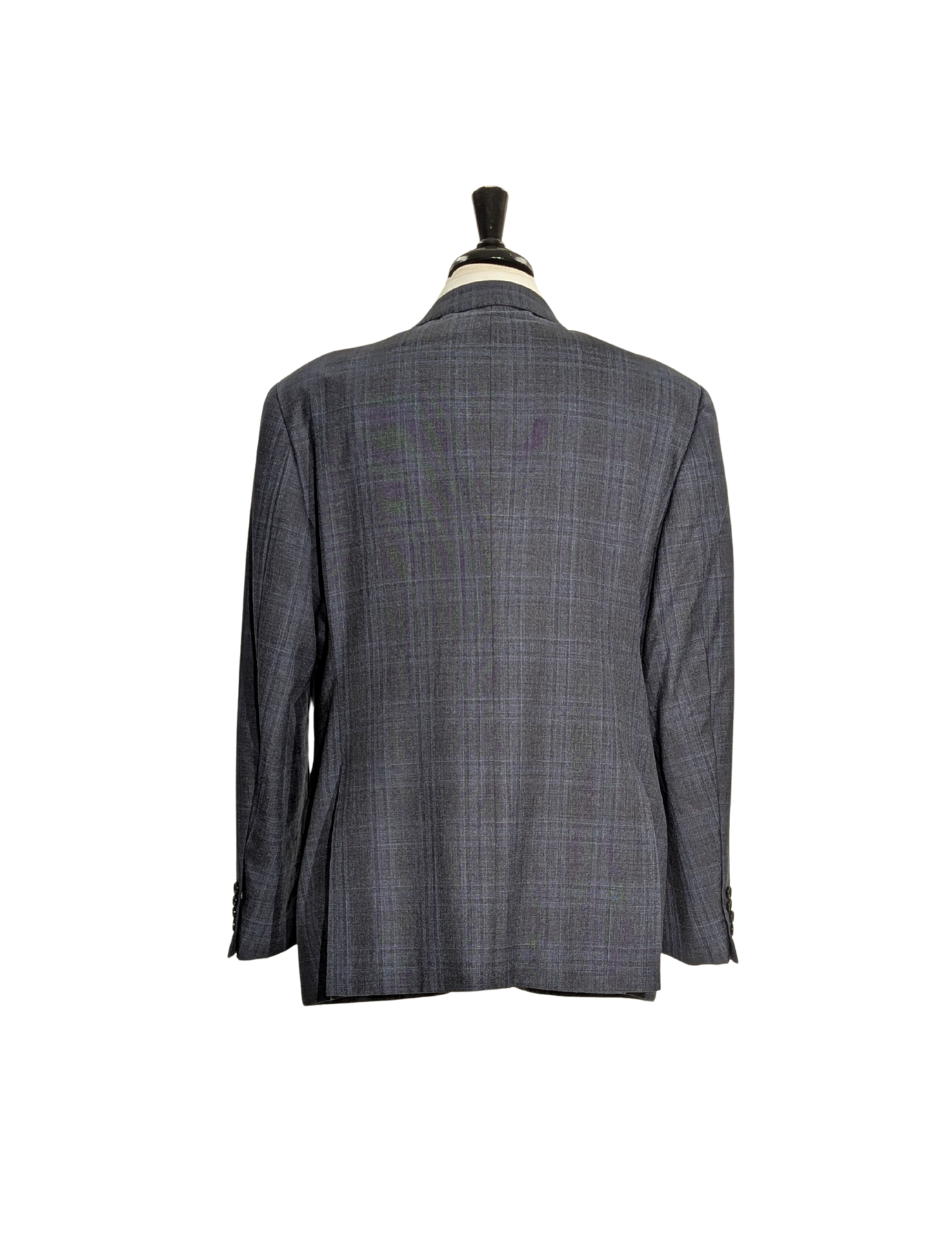 Armani Collezioni Navy Blue and Gray Check 100% Wool Notch Lapel 2 Button Suit 46R