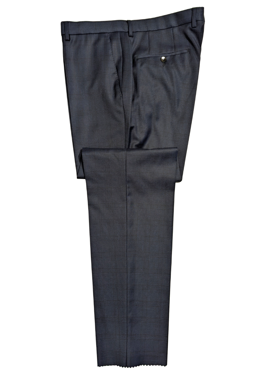 Hugo Boss Super 120s Navy Blue Plaid Windowpane Slim Fit Notch Lapels Wool 2-Button Suit - 44R
