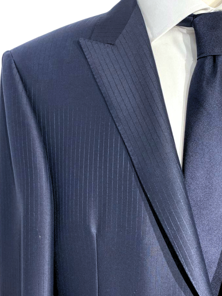 Canali Navy Blue Tonal Pinstriped Peak Lapel Wool-Silk Blend 1 Button Suit 44L