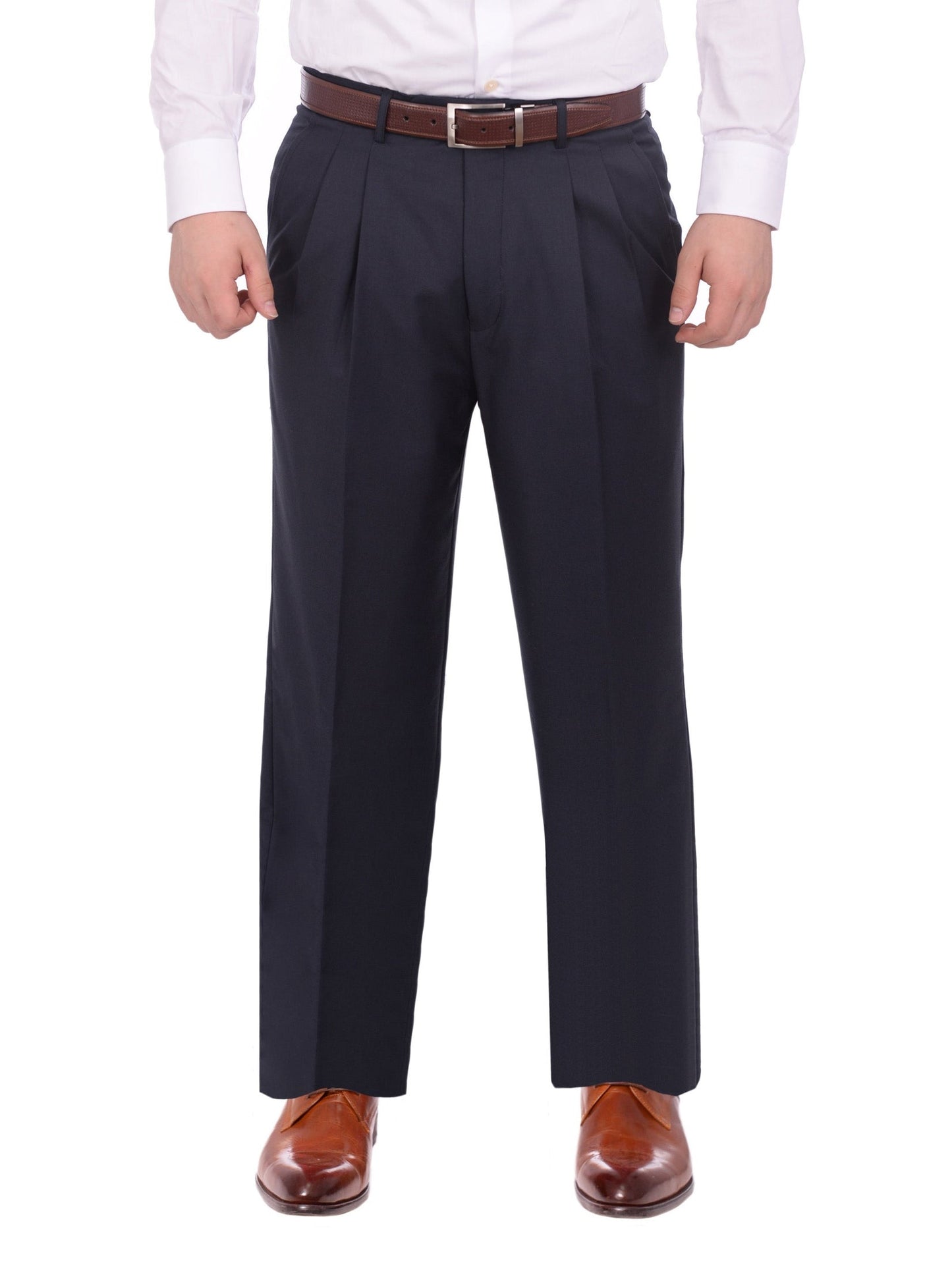 Armanno Uomo Regular Fit Solid Navy Blue Double Pleated Unhemmed Dress Pants