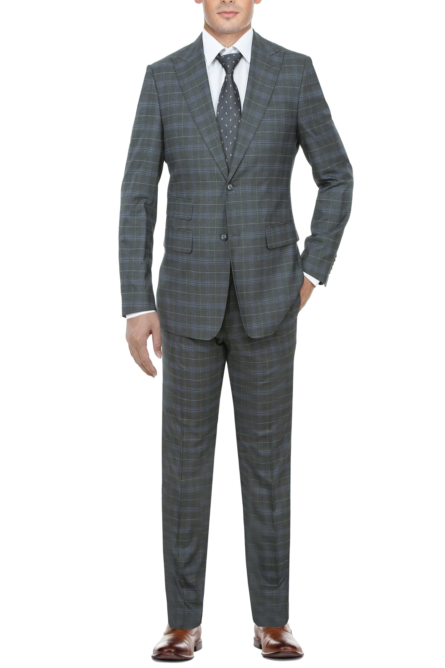 English Laundry Gray With Blue Windowpane Slim Fit Peak Lapel 2 Button Stretch Suit
