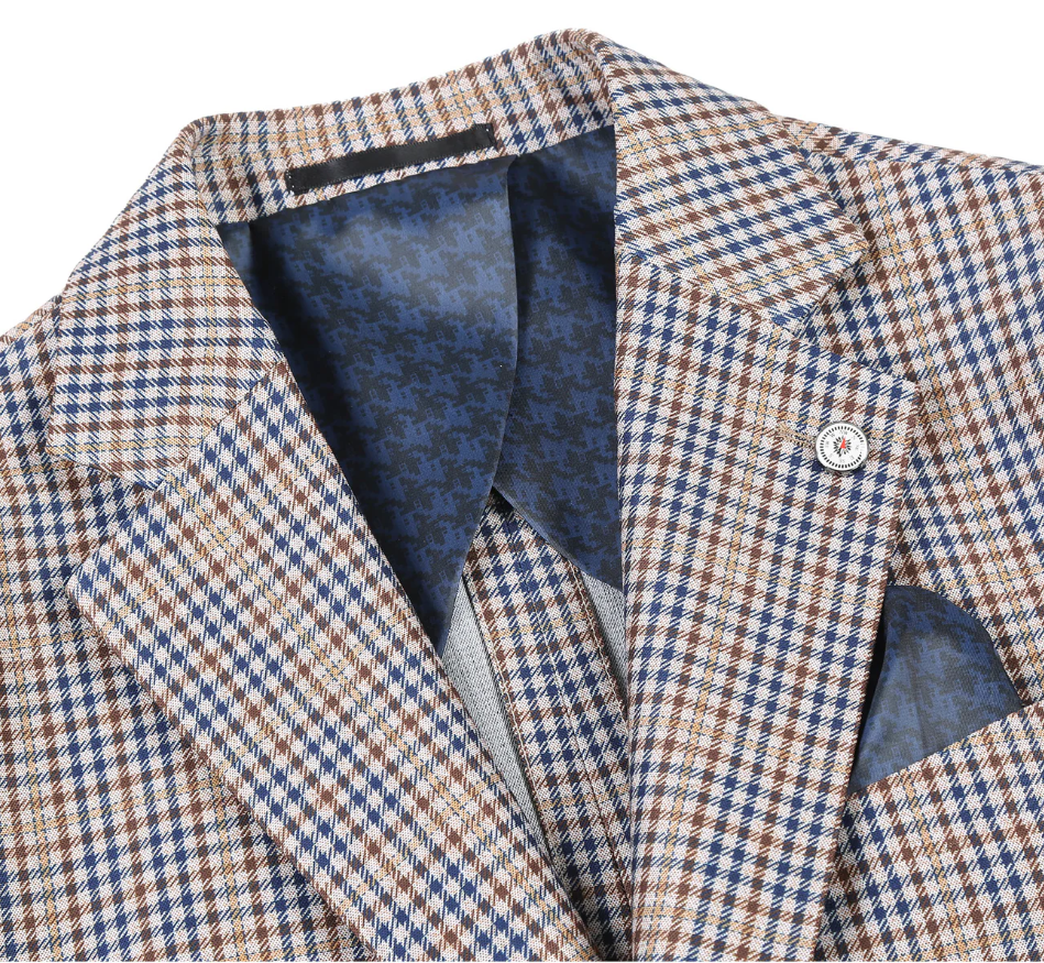 Raphael Brown And Blue Houndstooth Slim Fit Half Canvas Notch Lapel Two Button Blazer