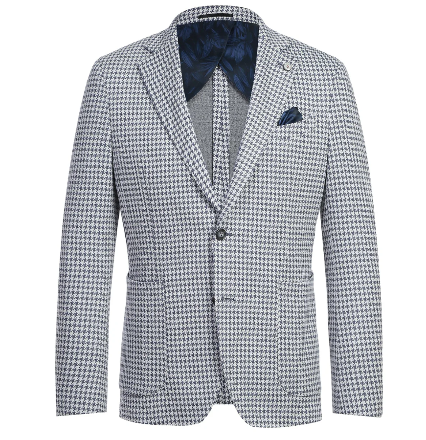 Raphael Blue White Houndstooth Slim Fit Patch Pockets Notch Lapels Blazer