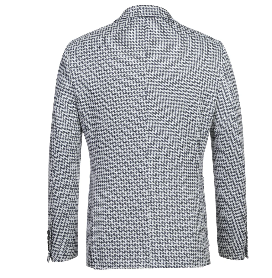 Raphael Blue White Houndstooth Slim Fit Patch Pockets Notch Lapels Blazer