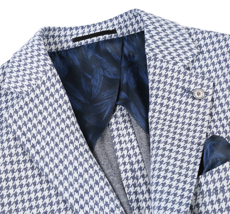 Raphael Blue White Houndstooth Slim Fit Patch Pockets Notch Lapels Blazer