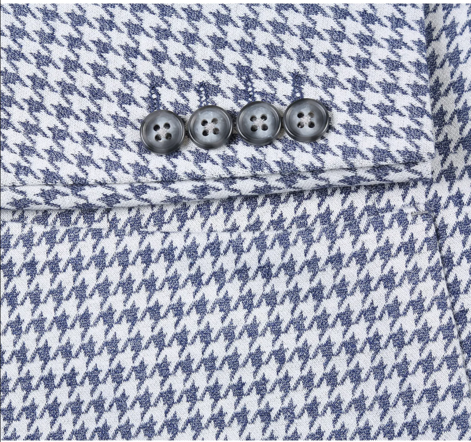 Raphael Blue White Houndstooth Slim Fit Patch Pockets Notch Lapels Blazer