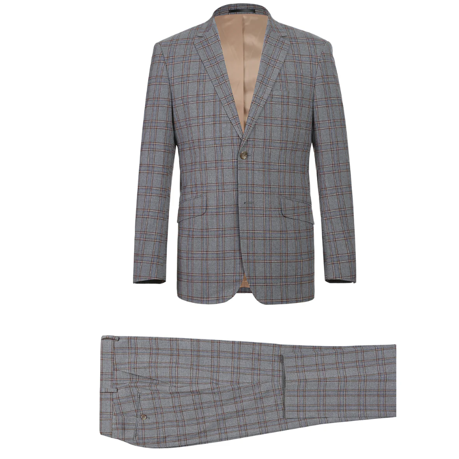 Raphael Grey Windowpane Check Slim Fit Stretch Notch Lapel Two Button Suit