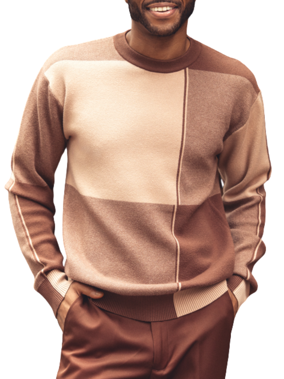 Montique Mens Colorblock Brown Beige Regular Fit Crewneck Cotton Knit Sweater