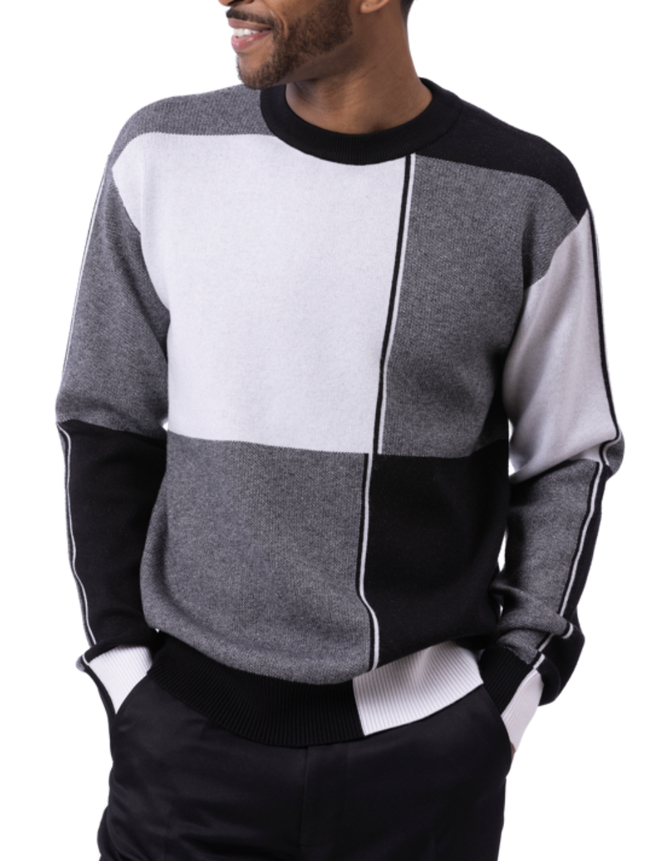 Montique Mens Colorblock Black White Regular Fit Crewneck Cotton Knit Sweater