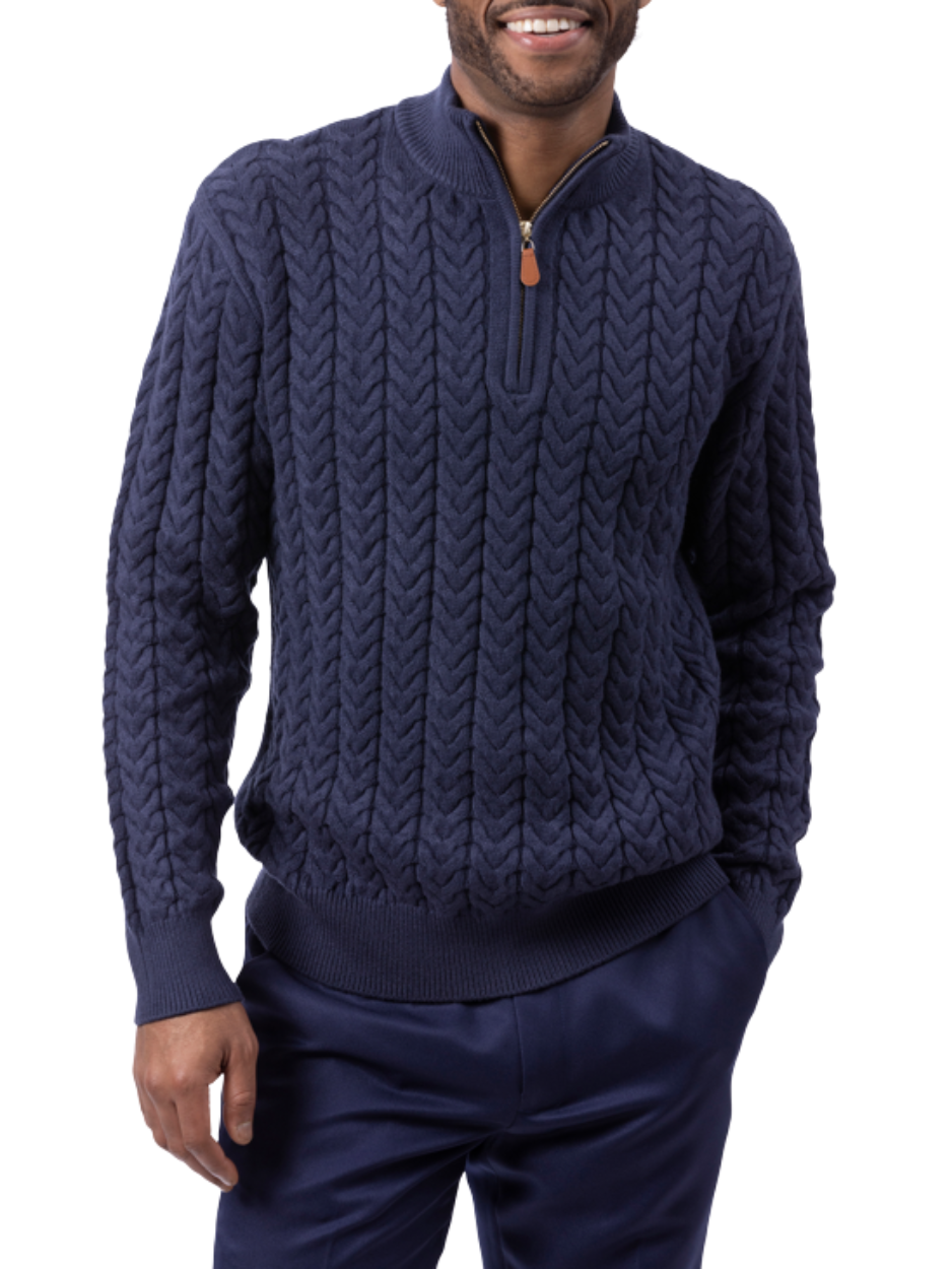 Montique Navy Chevron Cable Regular Fit Quarter Zip Cotton Knit Sweater
