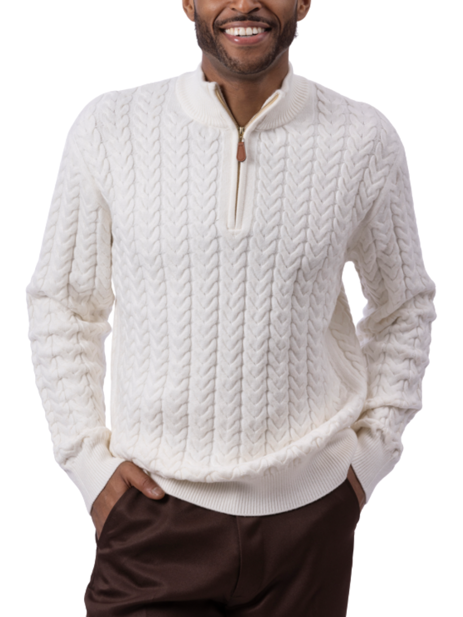 Montique Ivory Chevron Cable Regular Fit Quarter Zip Cotton Knit Sweater