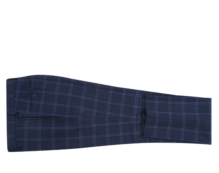Raphael Windowpane Navy Blue Slim Fit Notch Lapels Two Button Stretch Suit