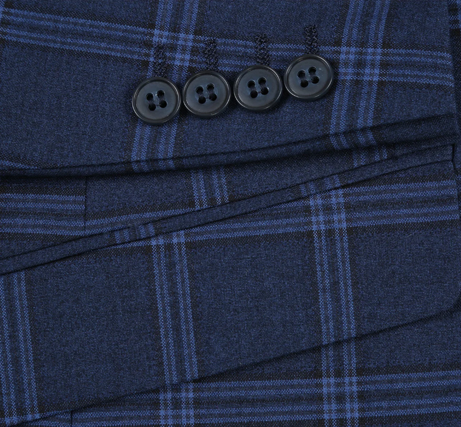 Raphael Windowpane Navy Blue Slim Fit Notch Lapels Two Button Stretch Suit