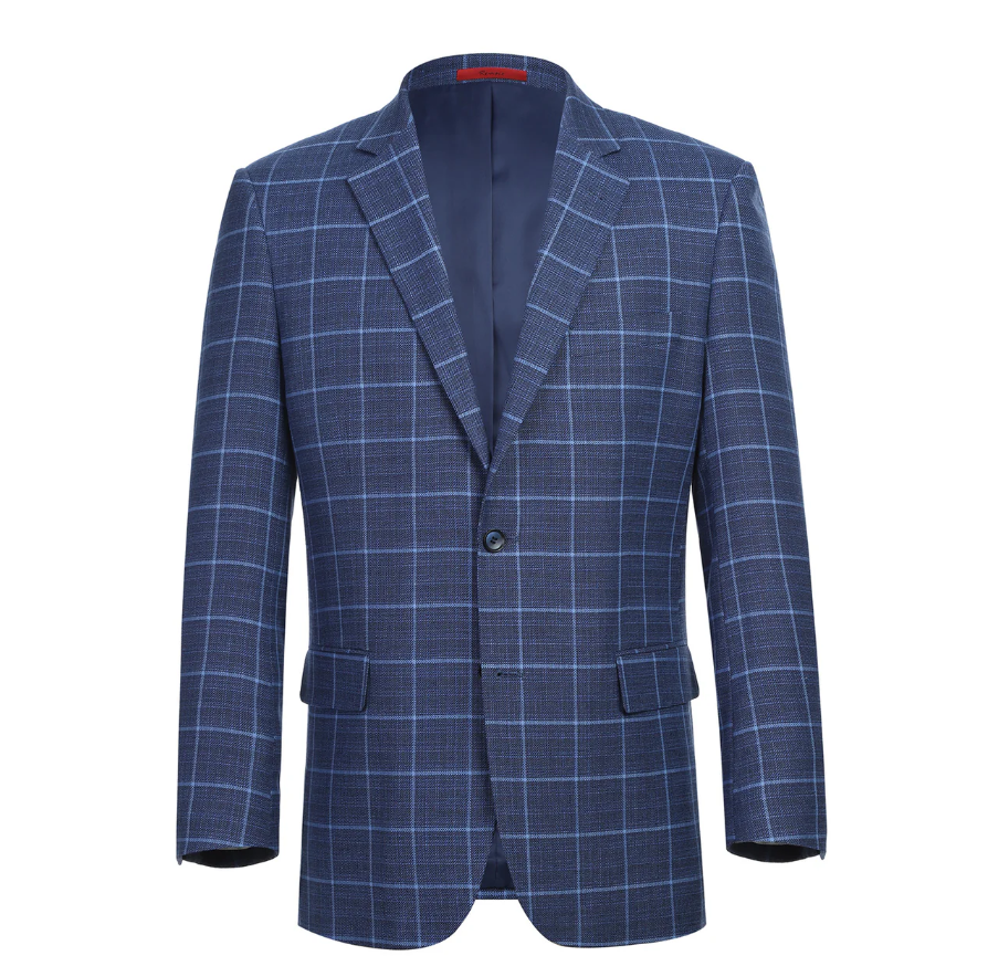 Raphael Blue Windowpane Classic Fit Notch Lapel Stretch Two Button Blazer