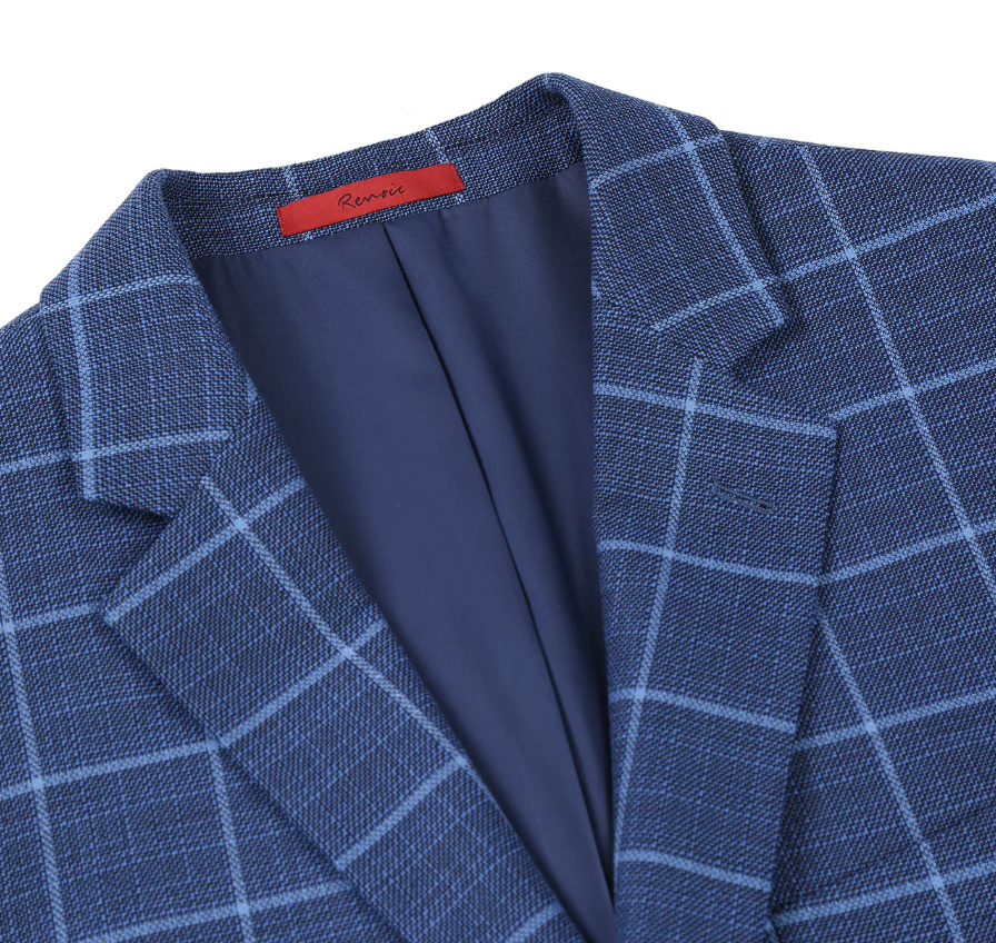 Raphael Blue Windowpane Classic Fit Notch Lapel Stretch Two Button Blazer