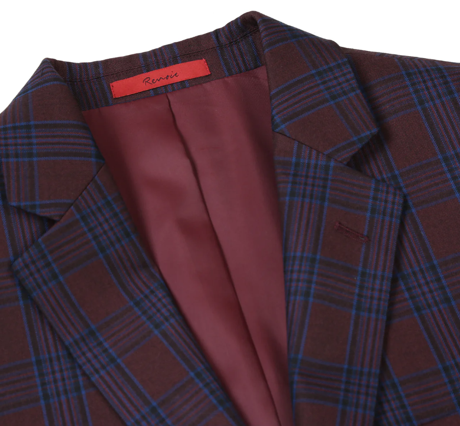 Raphael Men’s Burgundy and Blue Plaid Slim Fit Notch Lapel Blazer