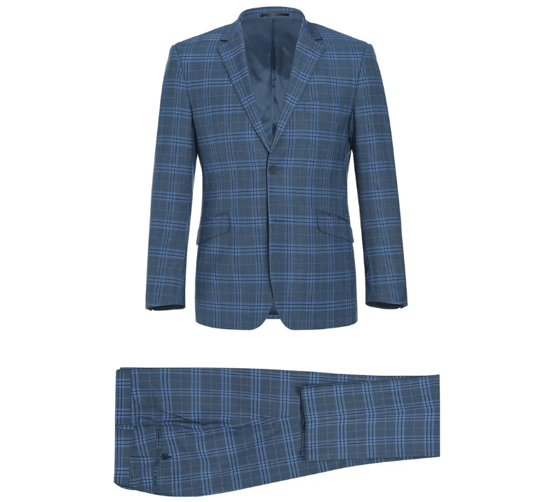Raphael Blue Windowpane Slim Fit Notch Lapel Stretch Two Button Suit
