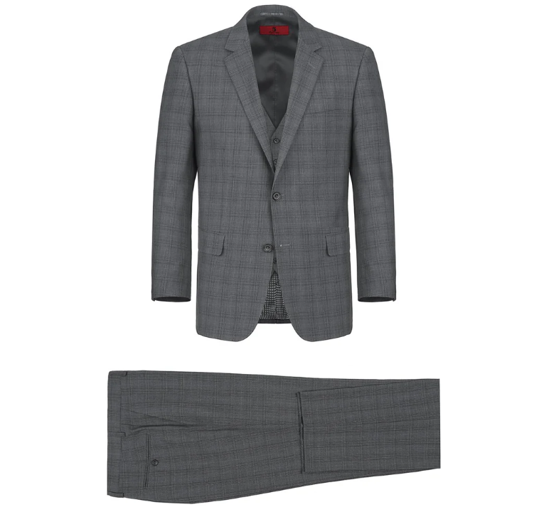 Raphael Gray Plaid Classic Fit Notch Lapel Two Button 3 Piece Suit
