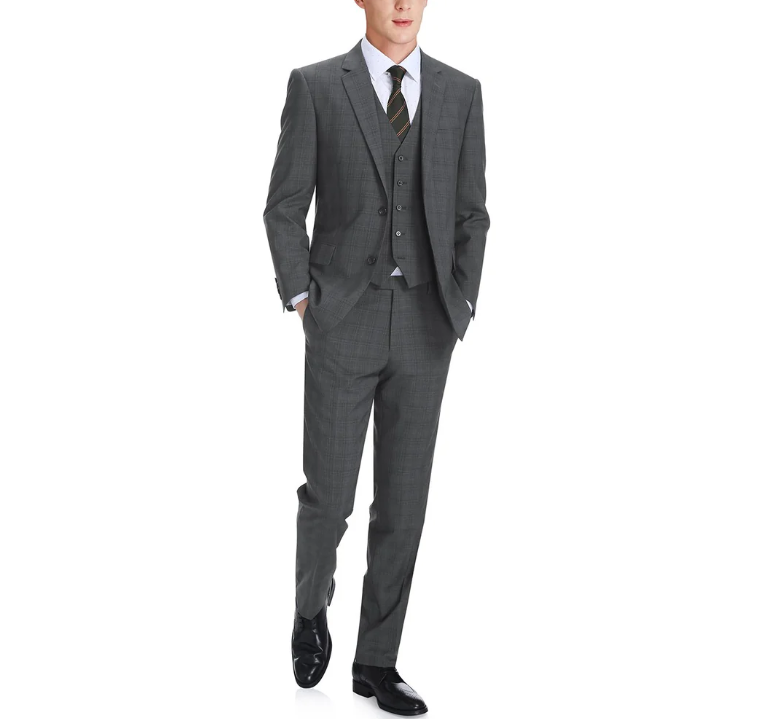 Raphael Gray Plaid Classic Fit Notch Lapel Two Button 3 Piece Suit