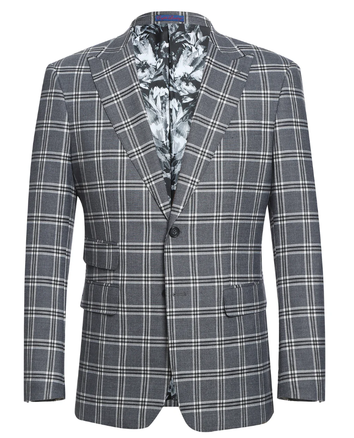 English Laundry Windowpane Check Gray Slim Fit Peak Lapel Stretch 2 Button Suit