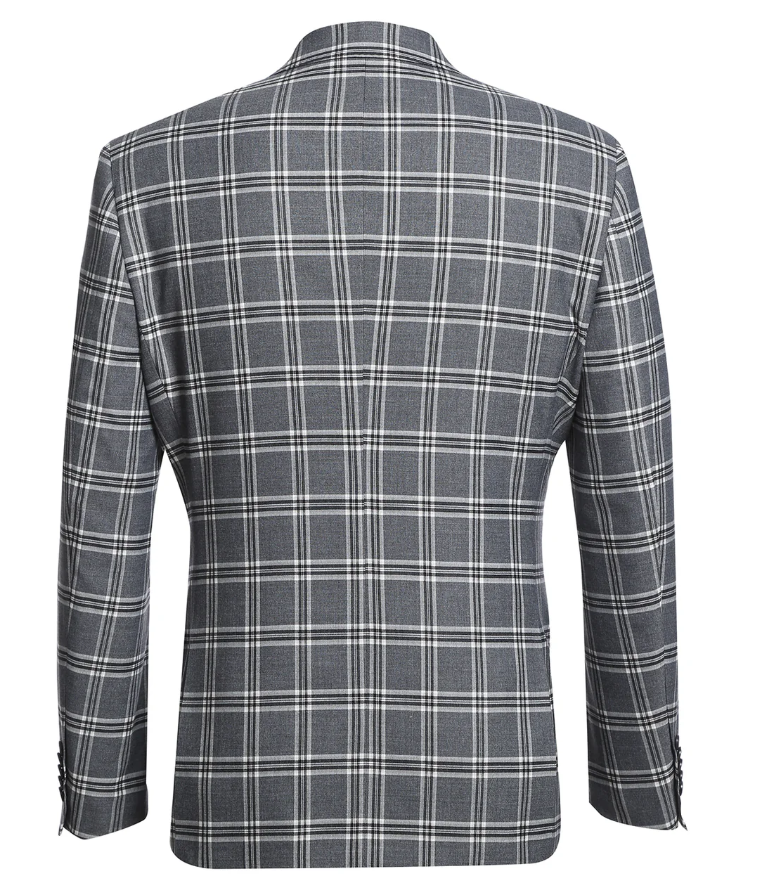 English Laundry Windowpane Check Gray Slim Fit Peak Lapel Stretch 2 Button Suit