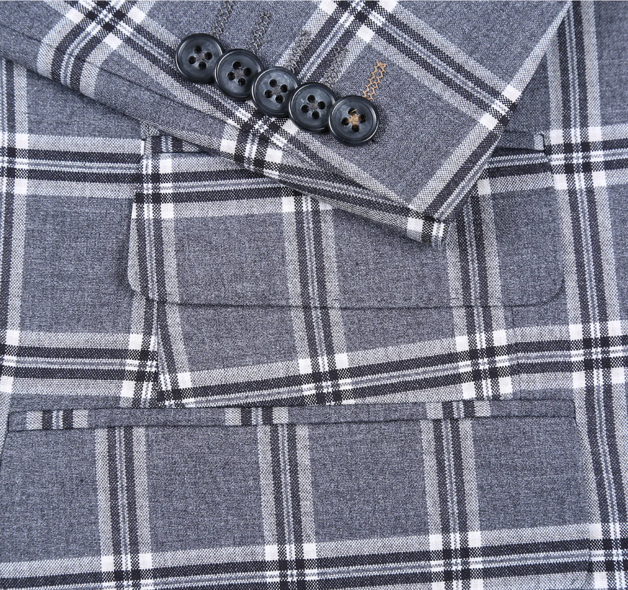 English Laundry Windowpane Check Gray Slim Fit Peak Lapel Stretch 2 Button Suit