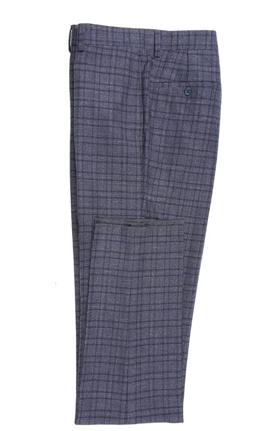 English Laundry Windowpane Blue Denim Style Slim Fit Notch Lapel Stretch 3-Piece Suit