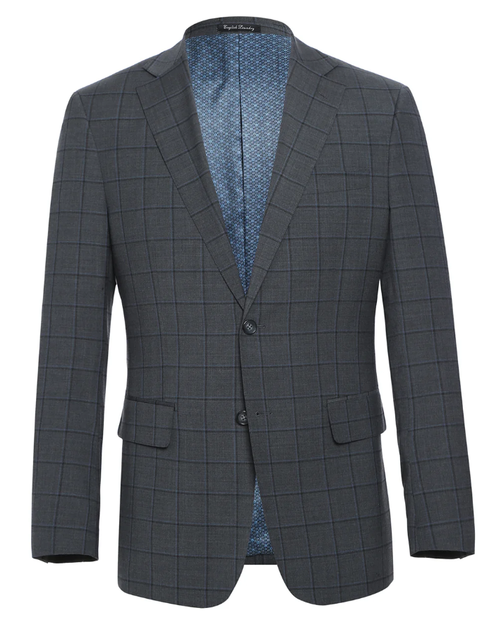 English Laundry Grid Check Charcoal Gray Slim Fit Notch Lapel Wool Stretch 2 Button Suit