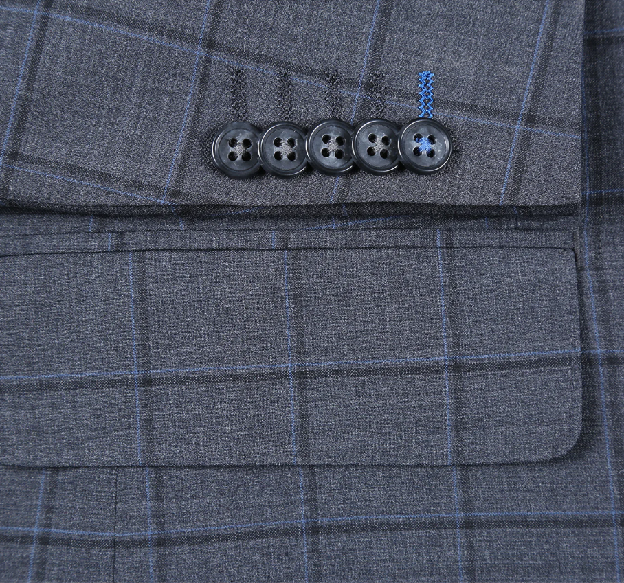 English Laundry Grid Check Charcoal Gray Slim Fit Notch Lapel Wool Stretch 2 Button Suit
