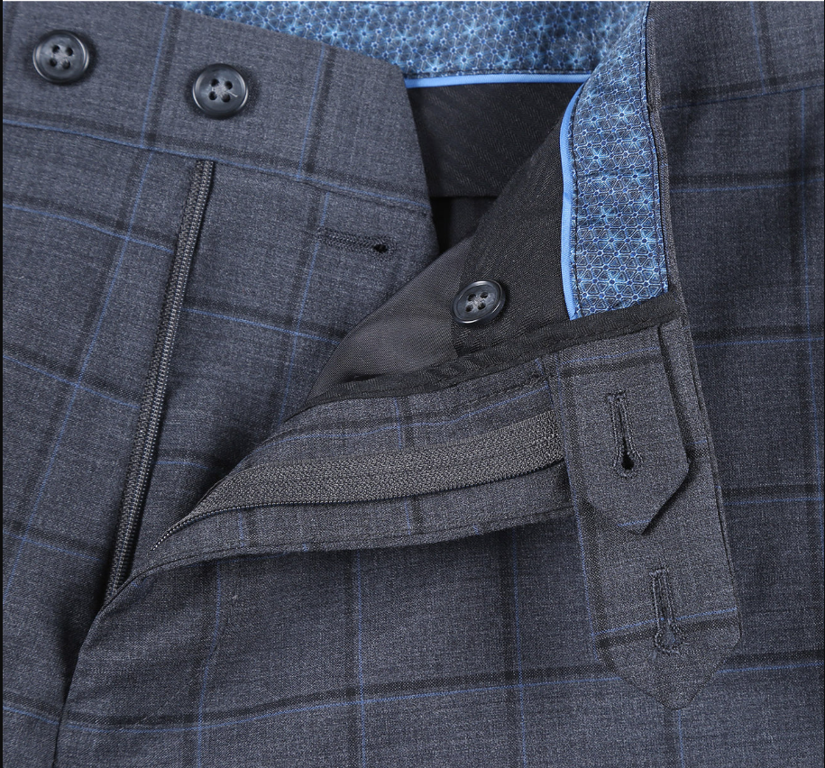 English Laundry Grid Check Charcoal Gray Slim Fit Notch Lapel Wool Stretch 2 Button Suit