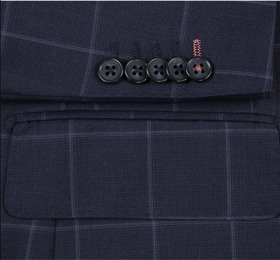 English Laundry Mens Navy Windowpane Slim Fit Notch Lapel 2 Button Wool Suit