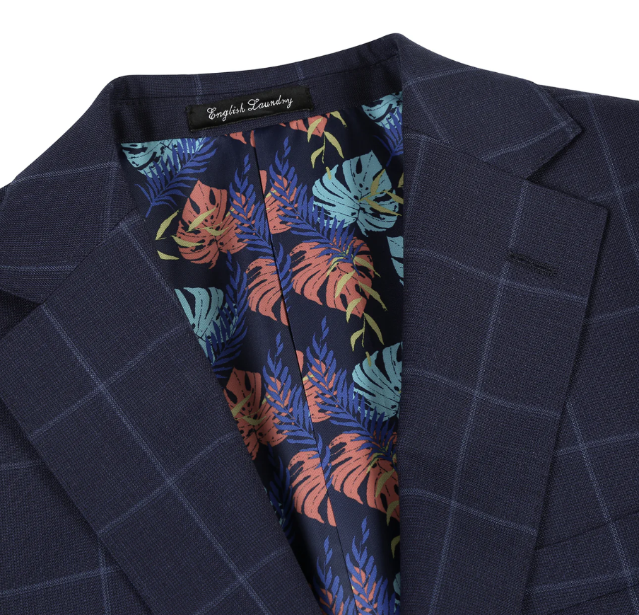 English Laundry Mens Navy Windowpane Slim Fit Notch Lapel 2 Button Wool Suit