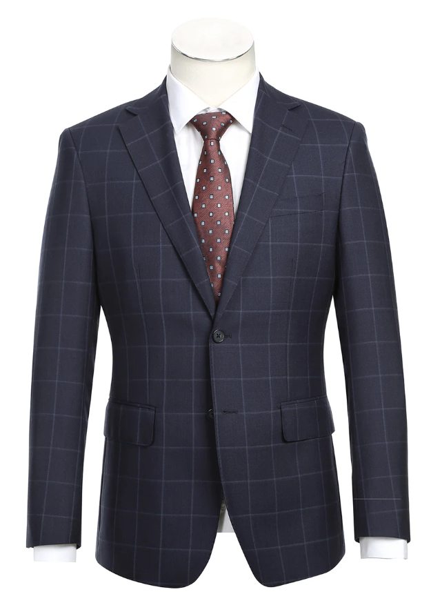 English Laundry Mens Navy Windowpane Slim Fit Notch Lapel 2 Button Wool Suit