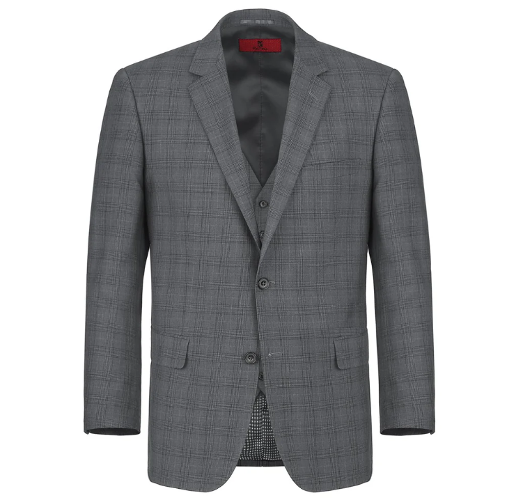 Raphael Gray Plaid Classic Fit Notch Lapel Two Button 3 Piece Suit