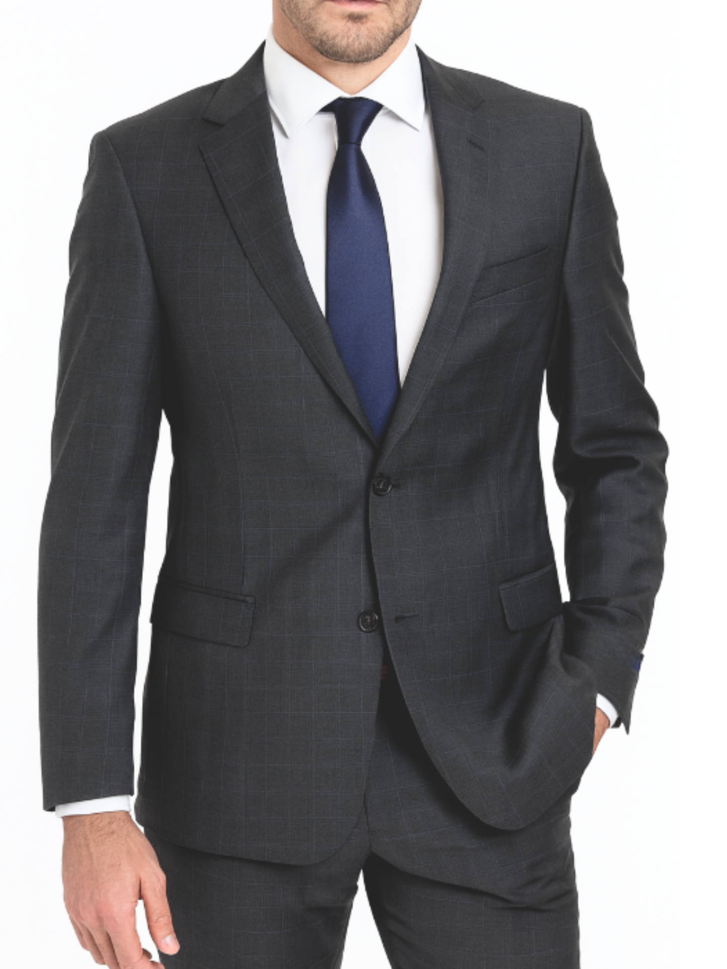 Tommy Hilfiger Charcoal Grey with Light Blue Windowpane Modern Fit Notch Lapel Wool Stretch Suit