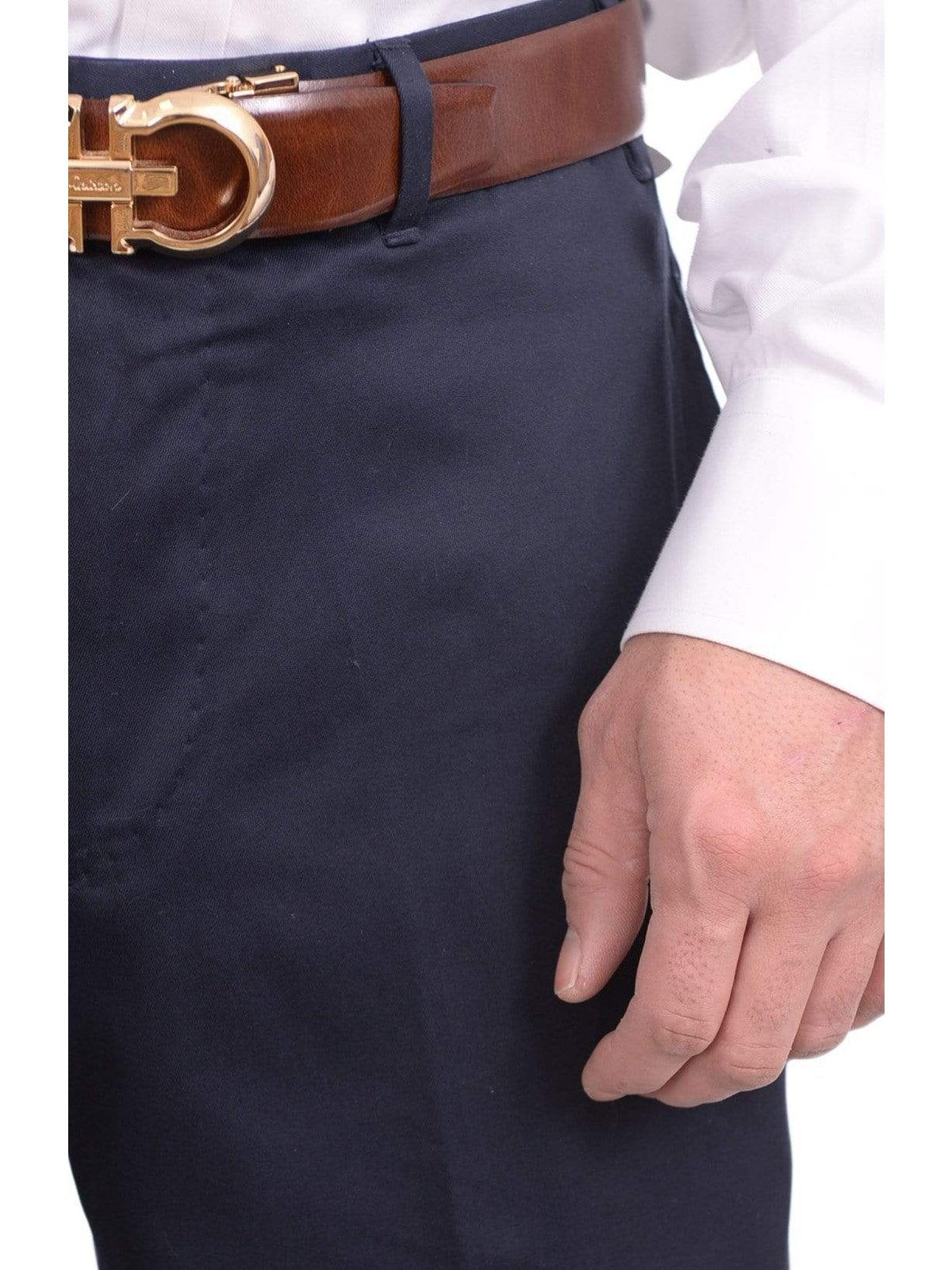 Bloomindales Classic Fit Solid Navy Blue Flat Front Cotton Dress Pants
