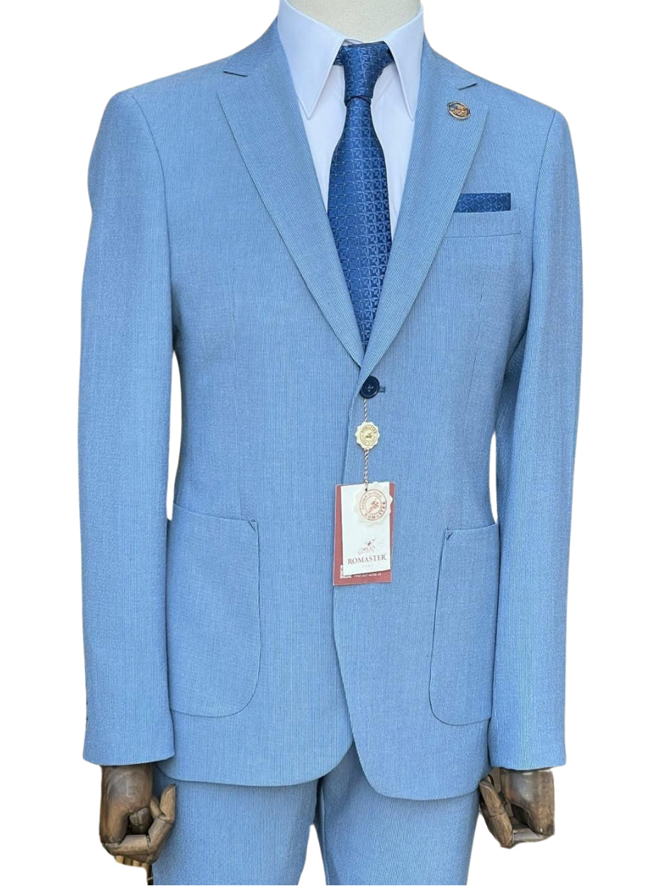 Pierre Carlos Pinstriped Light Blue Slim Fit Stretch Linen Suit with Drawstring Waist