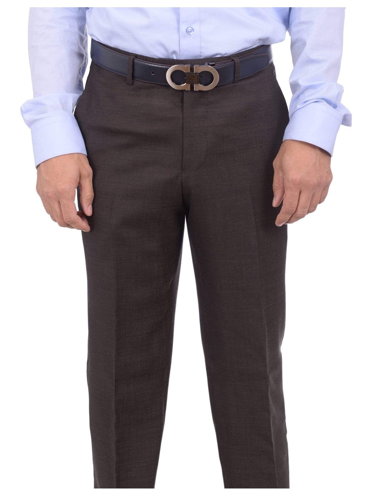 Mens Napoli Extra Slim Fit Brown Textured Flat Front Wool Dress Pants