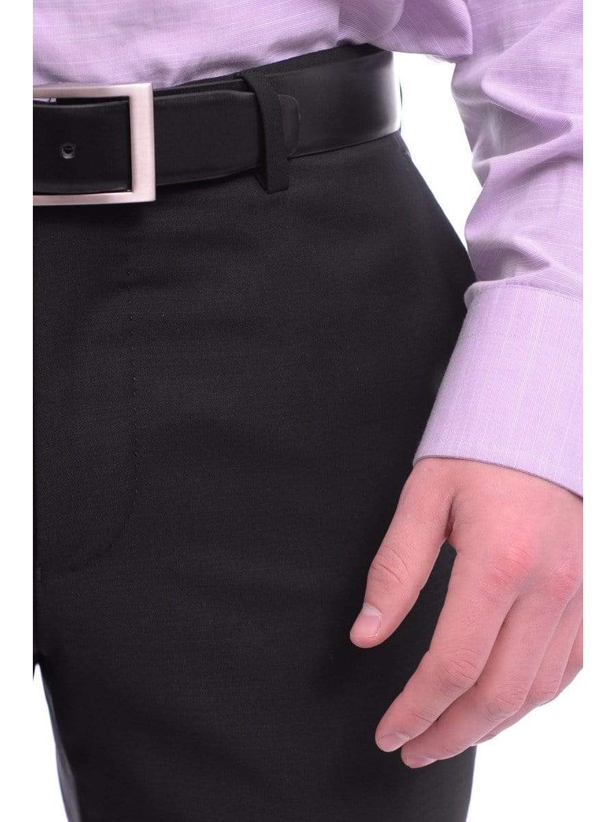 Mens Napoli Slim Fit Solid Black Flat Front Wool Dress Pants