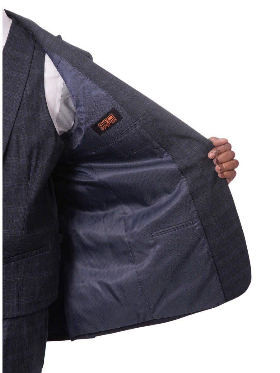 Steven Land Mens Blue Plaid 100% Wool Classic Fit 3 Piece Suit