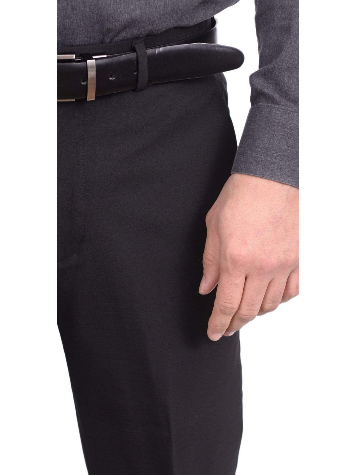Kenneth Cole Classic Fit Solid Black Flat Front Stretch Wool Blend Dress Pants