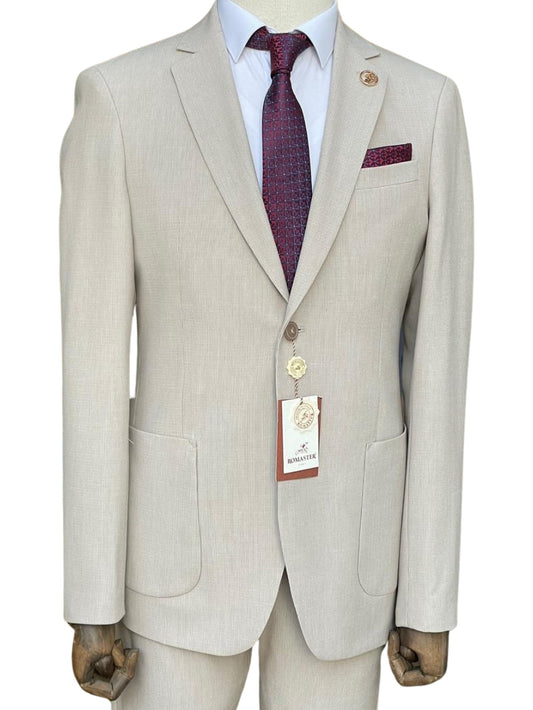 Pierre Carlos Pinstriped Beige Slim Fit Stretch Linen Suit with Drawstring Waist